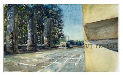 Watercolor sketch of a close up of the pylon inscribed with Ut Proim at the War Memorial Pylons