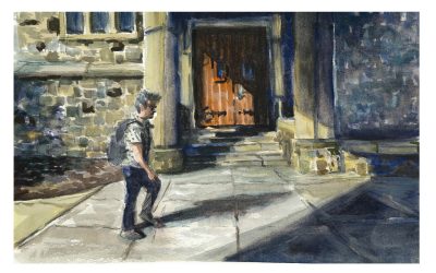 watercolor sketch with long blue shadows in the walkway between Robeson and Pamplin. a person in a backpack is walking 