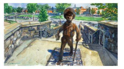 Watercolor and ink sketch of the Addison "Add" Caldwell statue on Alumni Mall stairs leading to Lane Hall