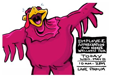 Digital sketch of the HokieBird with a giant hug stance for Employee Appreciation and Hokie Wellness Fair today at Lane Stadium from 10am to 2pm