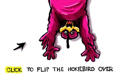 Digital sketch of the hokiebird hanging upside down
